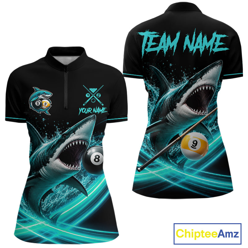 Black And Teal 8 Ball & 9 Ball Shark Billiard League Shirts For Women Custom Pool Team Jersey TDM7505