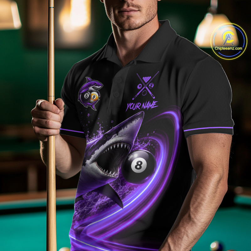 Black And Purple 8 Ball & 9 Ball Shark Billiard League Shirts For Men Custom Pool Team Jersey TDM7506