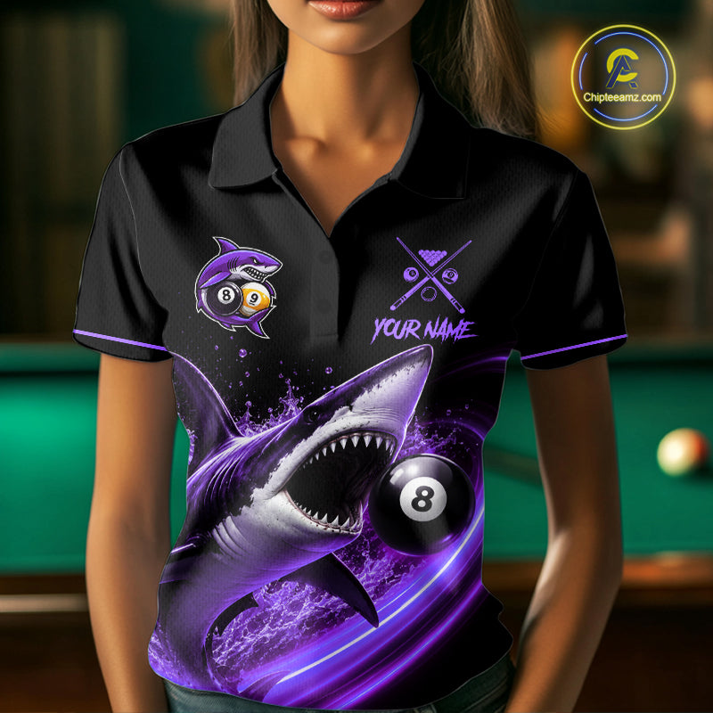 Black And Purple 8 Ball & 9 Ball Shark Billiard League Shirts For Women Custom Pool Team Jersey TDM7506