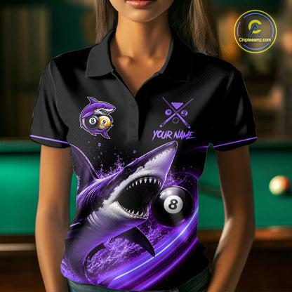 Black And Purple 8 Ball & 9 Ball Shark Billiard League Shirts For Women Custom Pool Team Jersey TDM7506