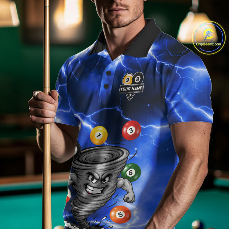 Custom Blue 8 Ball & 9 Ball Billiard Shirt For Men Funny Tornado Billiard Jersey, Pool Player Gift TDM7509