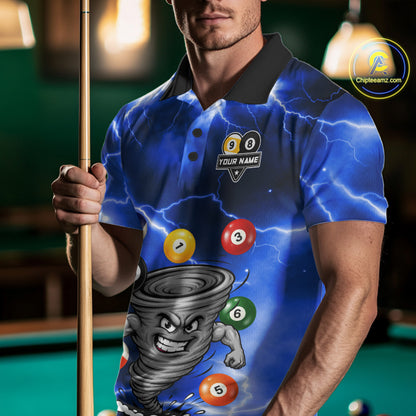 Custom Blue 8 Ball & 9 Ball Billiard Shirt For Men Funny Tornado Billiard Jersey, Pool Player Gift TDM7509