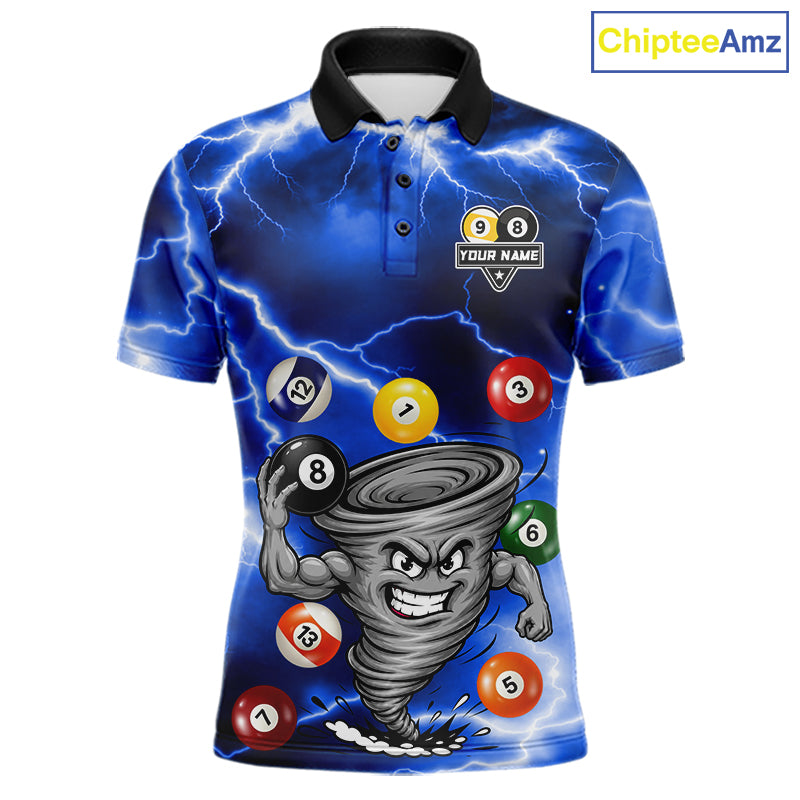 Custom Blue 8 Ball & 9 Ball Billiard Shirt For Men Funny Tornado Billiard Jersey, Pool Player Gift TDM7509