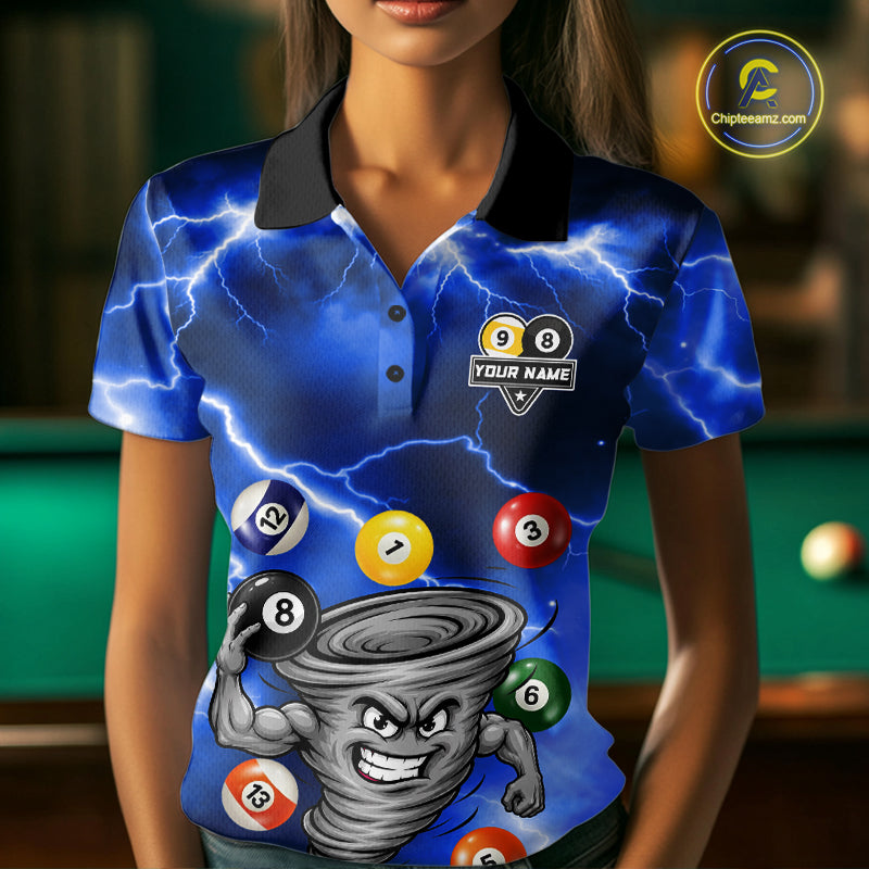 Custom Blue 8 Ball & 9 Ball Billiard Shirt For Women Funny Tornado Billiard Jersey, Pool Player Gift TDM7509