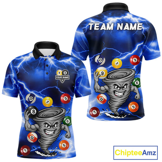 Custom Blue 8 Ball & 9 Ball Billiard Shirt For Men Funny Tornado Billiard Jersey, Pool Player Gift TDM7509