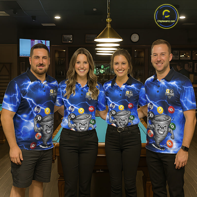 Custom Blue 8 Ball & 9 Ball Billiard Shirt For Men Funny Tornado Billiard Jersey, Pool Player Gift TDM7509