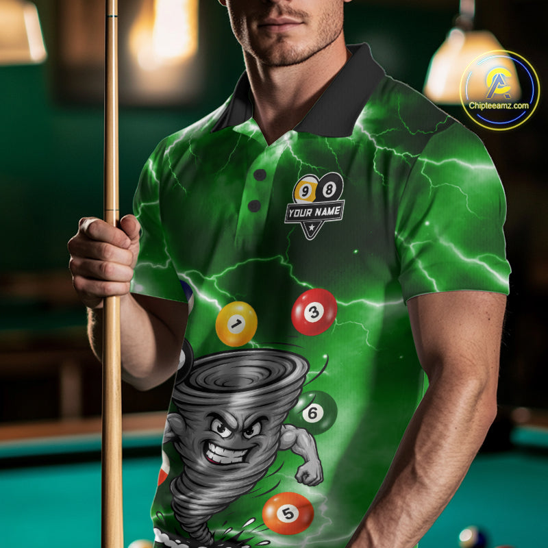 Custom Green 8 Ball & 9 Ball Billiard Shirt For Men Funny Tornado Billiard Jersey, Pool Player Gift TDM7510