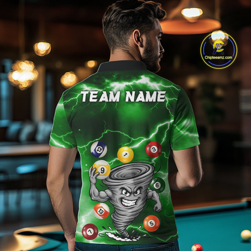 Custom Green 8 Ball & 9 Ball Billiard Shirt For Men Funny Tornado Billiard Jersey, Pool Player Gift TDM7510