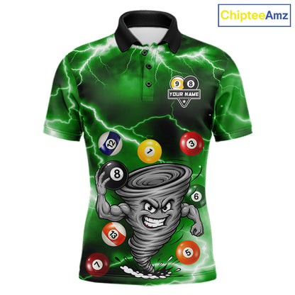 Custom Green 8 Ball & 9 Ball Billiard Shirt For Men Funny Tornado Billiard Jersey, Pool Player Gift TDM7510