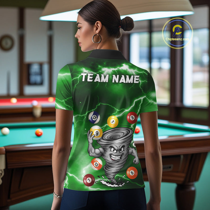 Custom Green 8 Ball & 9 Ball Billiard Shirt For Women Funny Tornado Billiard Jersey, Pool Player Gift TDM7510
