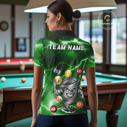 Custom Green 8 Ball & 9 Ball Billiard Shirt For Women Funny Tornado Billiard Jersey, Pool Player Gift TDM7510