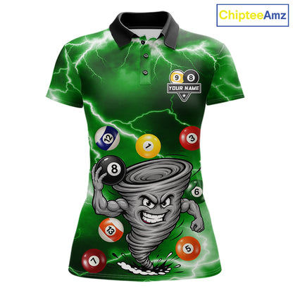 Custom Green 8 Ball & 9 Ball Billiard Shirt For Women Funny Tornado Billiard Jersey, Pool Player Gift TDM7510