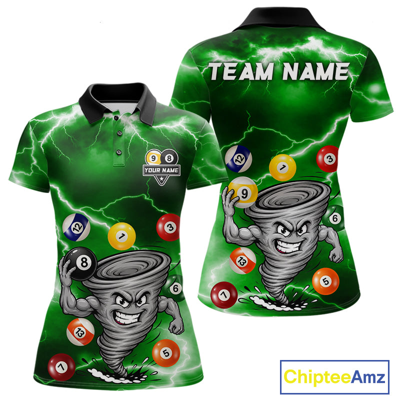 Custom Green 8 Ball & 9 Ball Billiard Shirt For Women Funny Tornado Billiard Jersey, Pool Player Gift TDM7510