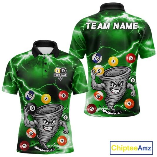 Custom Green 8 Ball & 9 Ball Billiard Shirt For Men Funny Tornado Billiard Jersey, Pool Player Gift TDM7510
