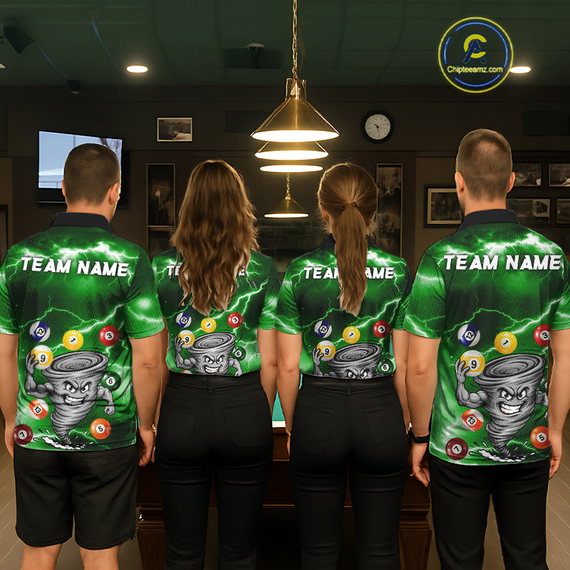 Custom Green 8 Ball & 9 Ball Billiard Shirt For Men Funny Tornado Billiard Jersey, Pool Player Gift TDM7510