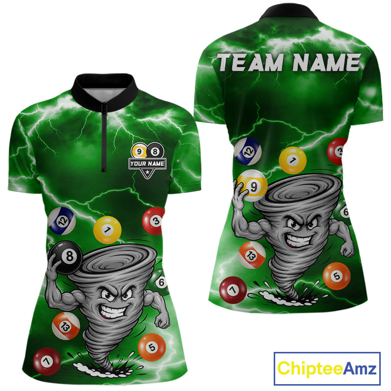 Custom Green 8 Ball & 9 Ball Billiard Shirt For Women Funny Tornado Billiard Jersey, Pool Player Gift TDM7510