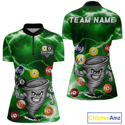 Custom Green 8 Ball & 9 Ball Billiard Shirt For Women Funny Tornado Billiard Jersey, Pool Player Gift TDM7510