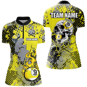 Grunge Yellow 9 Ball Pool Paint Dot Pattern Custom Women Billiard Shirt, Skull 9 Ball Billiard Jersey TDM2743