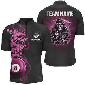 Funny Skull And Rose Custom 8 Ball Billiard Shirts For Men, Pink Black Scary Billiard Jerseys TDM2747