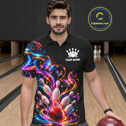 Glowing Funny Butterfly Bowling Shirt For Men Custom Colorful Bowling Team Jersey, Bowling Gifts TDM7883