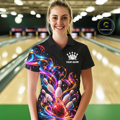 Glowing Funny Butterfly Bowling Shirt For Women Custom Colorful Bowling Team Jersey, Bowling Gifts TDM7883