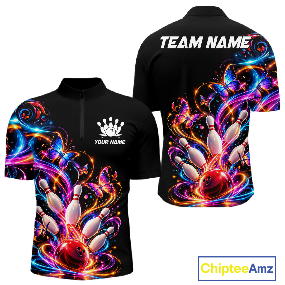 Glowing Funny Butterfly Bowling Shirt For Men Custom Colorful Bowling Team Jersey, Bowling Gifts TDM7883
