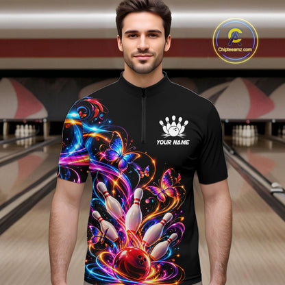Glowing Funny Butterfly Bowling Shirt For Men Custom Colorful Bowling Team Jersey, Bowling Gifts TDM7883