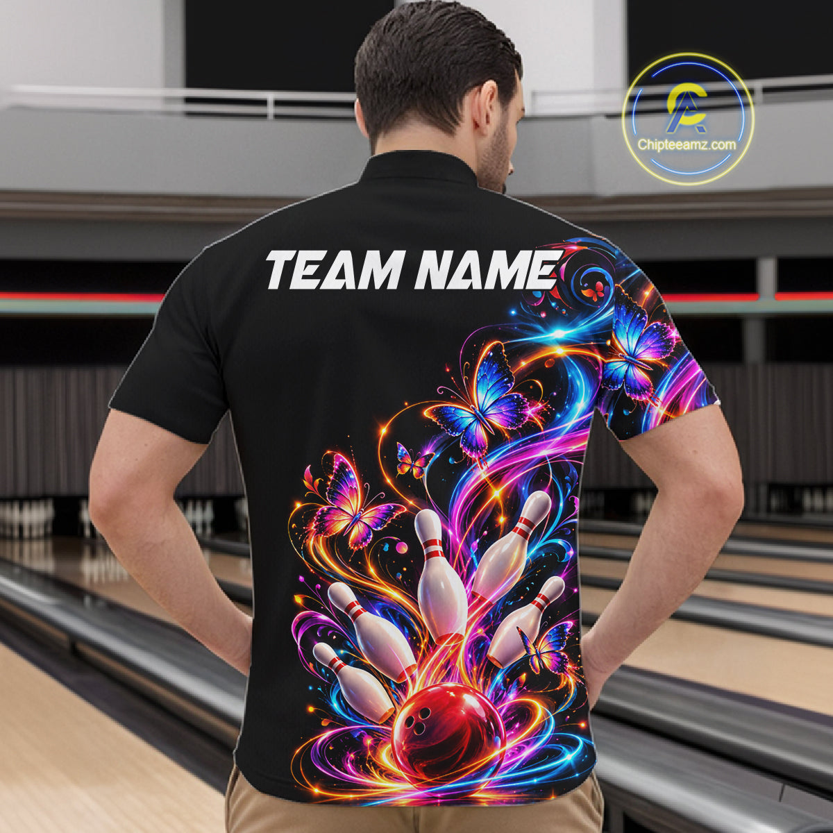 Glowing Funny Butterfly Bowling Shirt For Men Custom Colorful Bowling Team Jersey, Bowling Gifts TDM7883