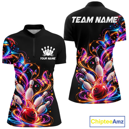 Glowing Funny Butterfly Bowling Shirt For Women Custom Colorful Bowling Team Jersey, Bowling Gifts TDM7883