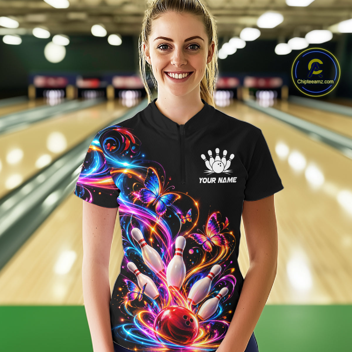 Glowing Funny Butterfly Bowling Shirt For Women Custom Colorful Bowling Team Jersey, Bowling Gifts TDM7883
