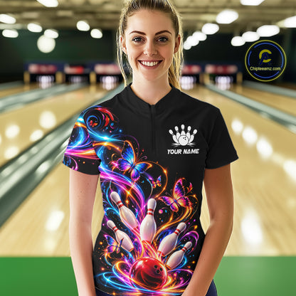 Glowing Funny Butterfly Bowling Shirt For Women Custom Colorful Bowling Team Jersey, Bowling Gifts TDM7883