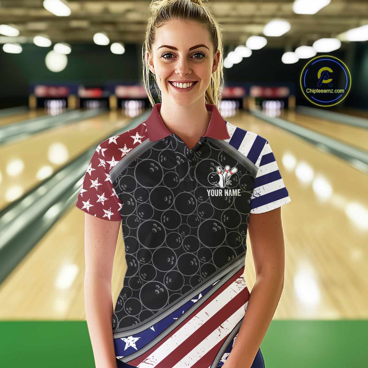 Personalized American Flag Bowling Jersey For Women Custom Patriotic Bowling League Team Shirts TDM7885