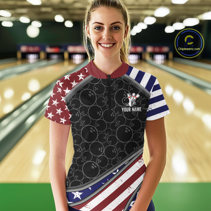 Personalized American Flag Bowling Jersey For Women Custom Patriotic Bowling League Team Shirts TDM7885