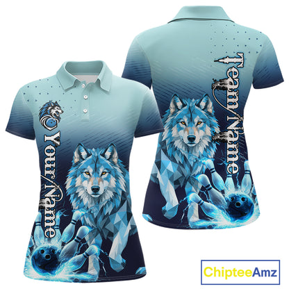 Blue Lightning Geometric Wolf Bowling Polo, Quarter Zip Shirts For Women Custom Bowling Team Jersey TDM7886