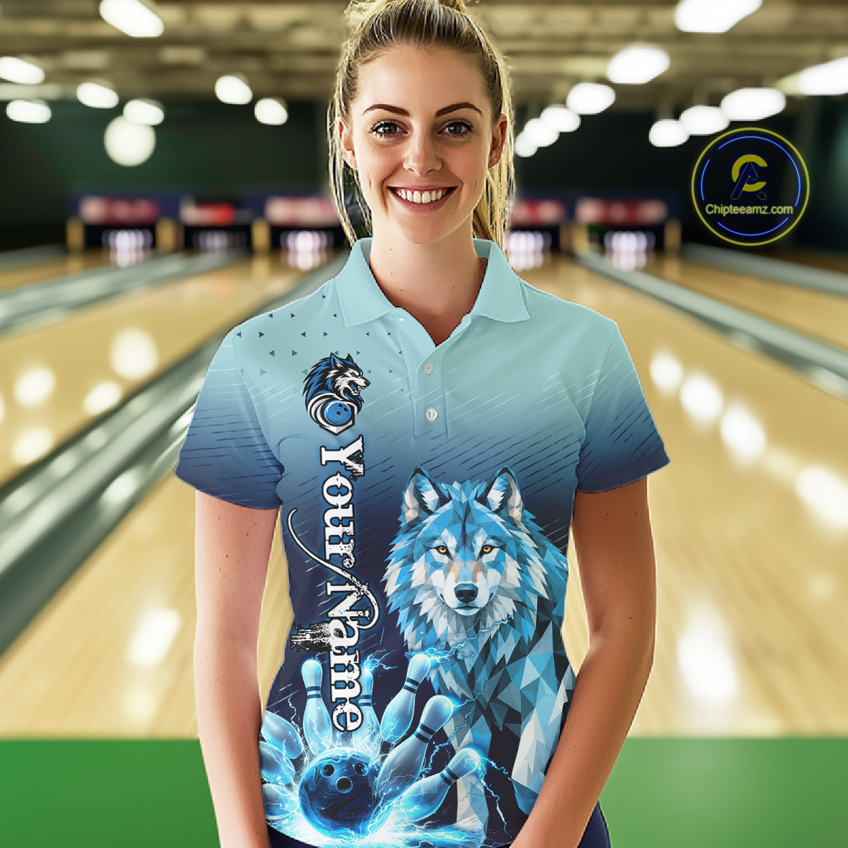 Blue Lightning Geometric Wolf Bowling Polo, Quarter Zip Shirts For Women Custom Bowling Team Jersey TDM7886