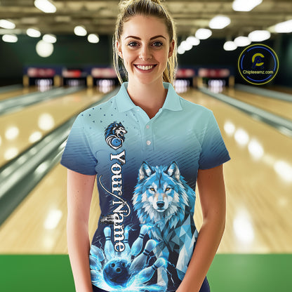 Blue Lightning Geometric Wolf Bowling Polo, Quarter Zip Shirts For Women Custom Bowling Team Jersey TDM7886
