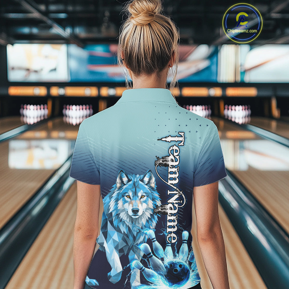 Blue Lightning Geometric Wolf Bowling Polo, Quarter Zip Shirts For Women Custom Bowling Team Jersey TDM7886