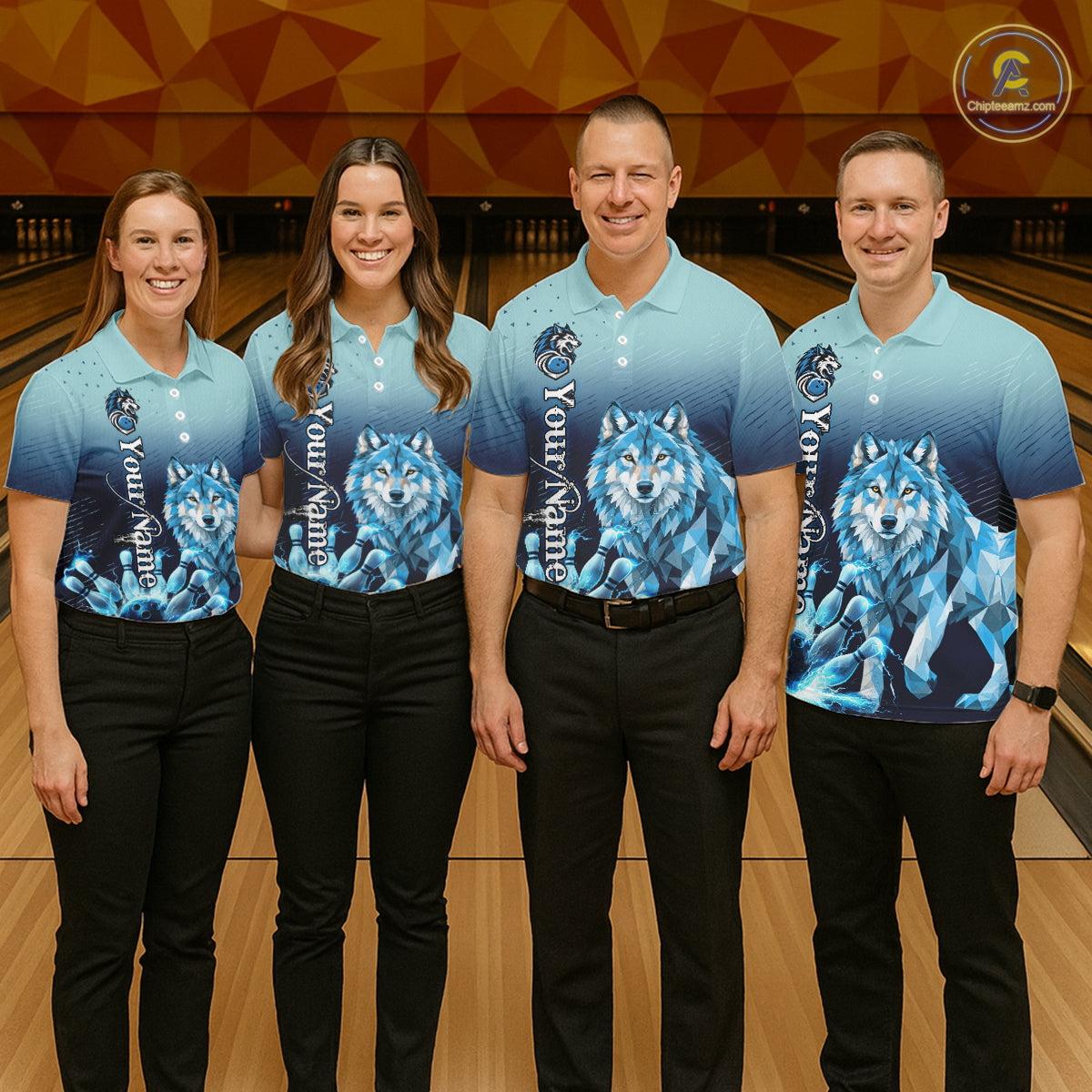 Blue Lightning Geometric Wolf Bowling Polo, Quarter Zip Shirts For Men Custom Bowling Team Jersey TDM7886