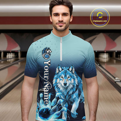 Blue Lightning Geometric Wolf Bowling Polo, Quarter Zip Shirts For Men Custom Bowling Team Jersey TDM7886