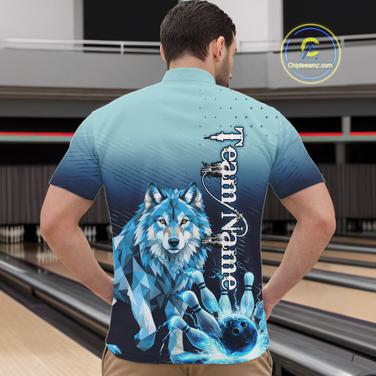 Blue Lightning Geometric Wolf Bowling Polo, Quarter Zip Shirts For Men Custom Bowling Team Jersey TDM7886