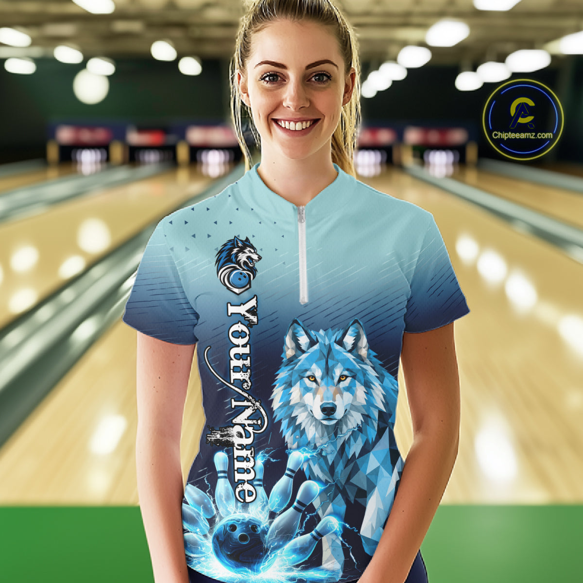 Blue Lightning Geometric Wolf Bowling Polo, Quarter Zip Shirts For Women Custom Bowling Team Jersey TDM7886