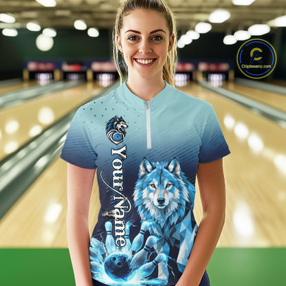 Blue Lightning Geometric Wolf Bowling Polo, Quarter Zip Shirts For Women Custom Bowling Team Jersey TDM7886