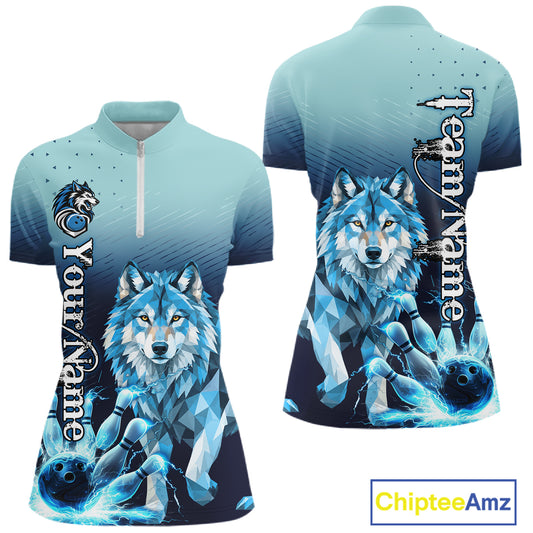 Blue Lightning Geometric Wolf Bowling Polo, Quarter Zip Shirts For Women Custom Bowling Team Jersey TDM7886
