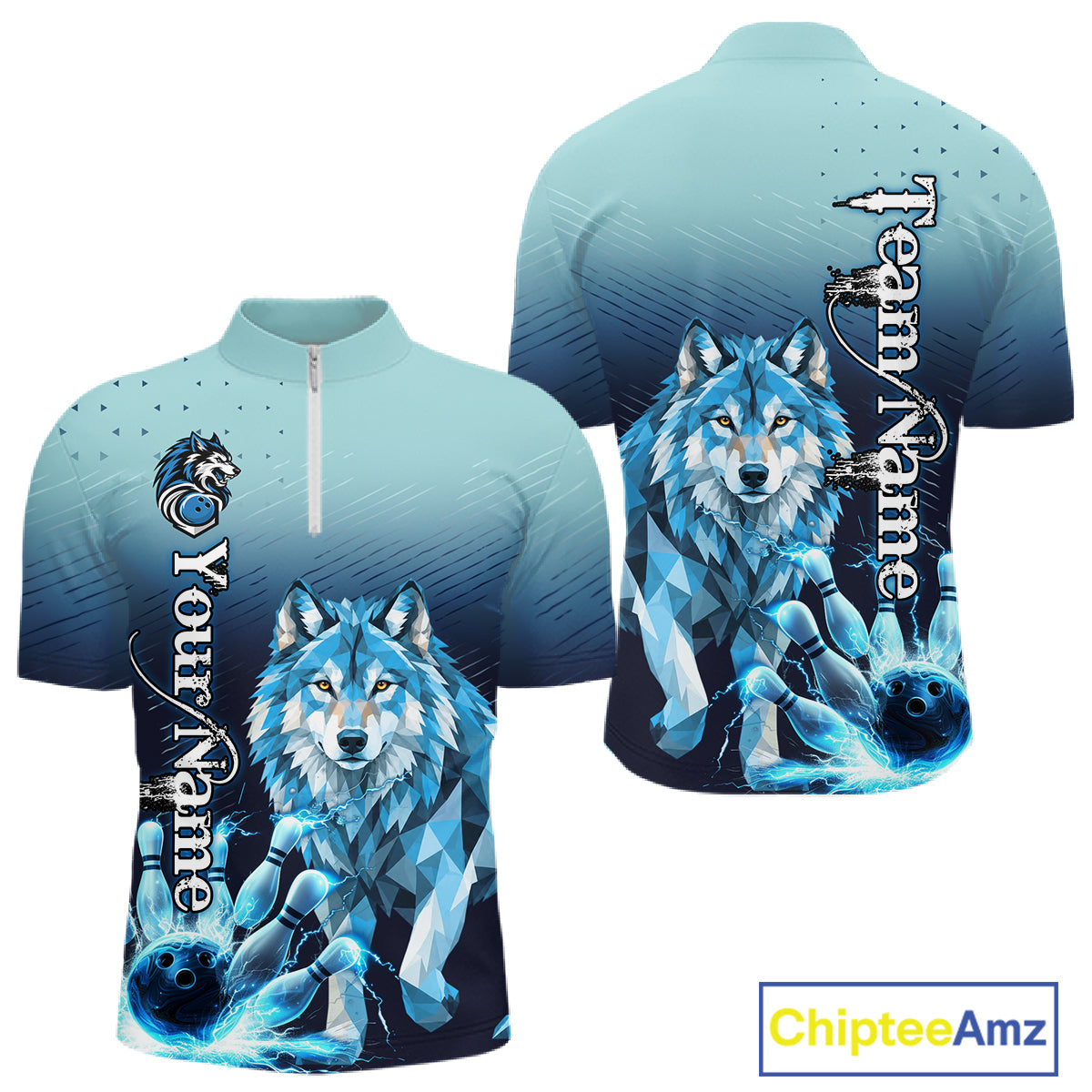 Blue Lightning Geometric Wolf Bowling Polo, Quarter Zip Shirts For Men Custom Bowling Team Jersey TDM7886