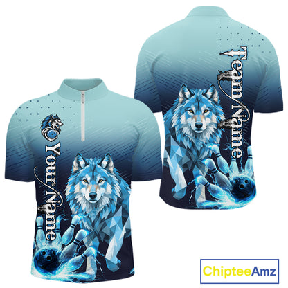Blue Lightning Geometric Wolf Bowling Polo, Quarter Zip Shirts For Men Custom Bowling Team Jersey TDM7886