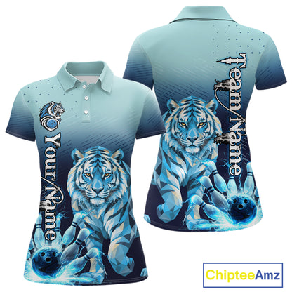 Blue Lightning Geometric Tiger Bowling Polo, Quarter Zip Shirts For Women Custom Bowling Team Jersey TDM7887