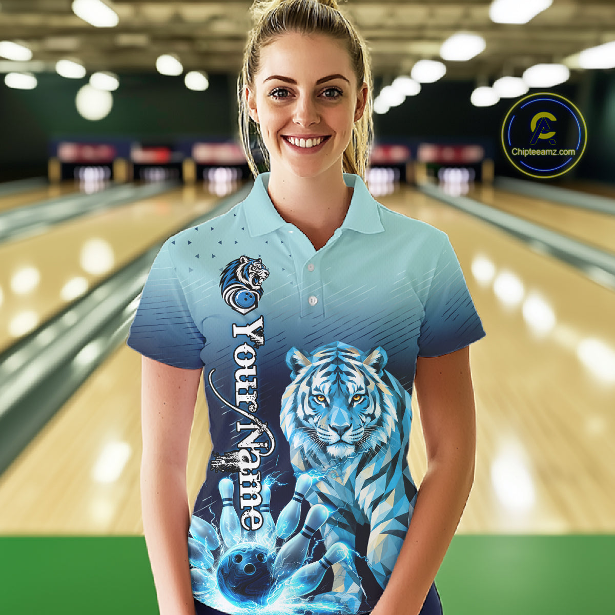 Blue Lightning Geometric Tiger Bowling Polo, Quarter Zip Shirts For Women Custom Bowling Team Jersey TDM7887