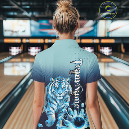 Blue Lightning Geometric Tiger Bowling Polo, Quarter Zip Shirts For Women Custom Bowling Team Jersey TDM7887