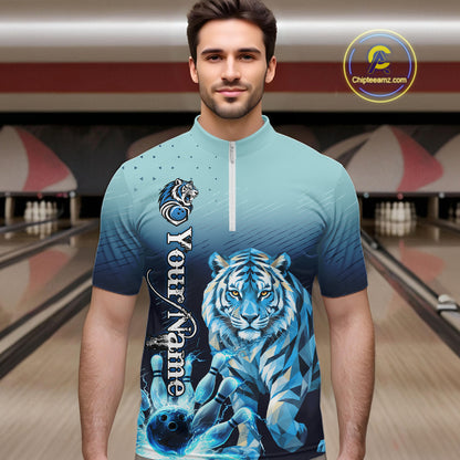 Blue Lightning Geometric Tiger Bowling Polo, Quarter Zip Shirts For Men Custom Bowling Team Jersey TDM7887