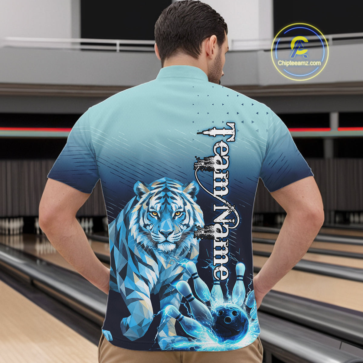 Blue Lightning Geometric Tiger Bowling Polo, Quarter Zip Shirts For Men Custom Bowling Team Jersey TDM7887